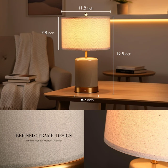 Alt view image 5 of 7 - OBright Dune - Battery Powered Table Lamp, Rechargeable Cordless Ceramic Lamp, Full-Size 19.5 Inch Height, Dimmable, Smart Safety Protection, Type-C Fast Charging, LED Bulb Included, Stone Grey