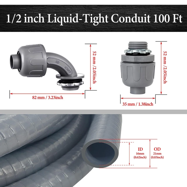 Alt view image 2 of 7 - 1/2 inch 100Ft Liquid-Tight Conduit Kit, Flexible Non Metallic Electrical Conduit, with 6 Straight and 5 Angle Fittings Included. 1/2" Dia