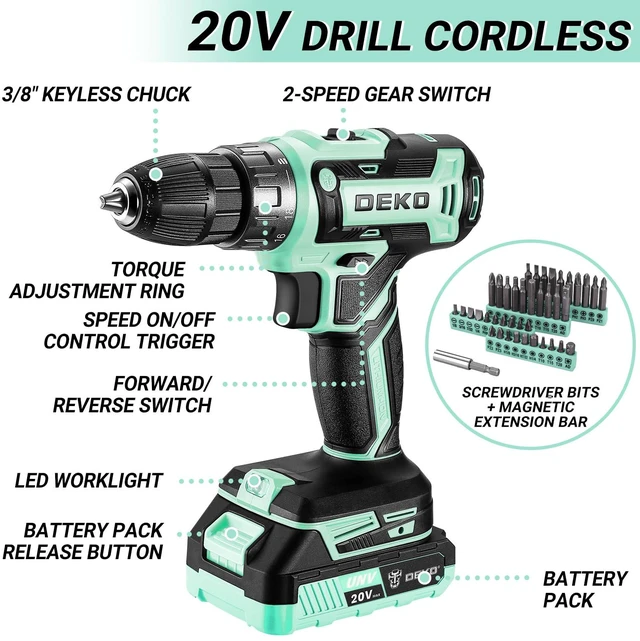Alt view image 3 of 7 - Drill Tool Kit Set: 20V Cordless Power Drill Tool Box with Battery Electric Drill Driver for Men Home Hand Repair Basic Toolbox Tools Sets Drills Case, Turquoise