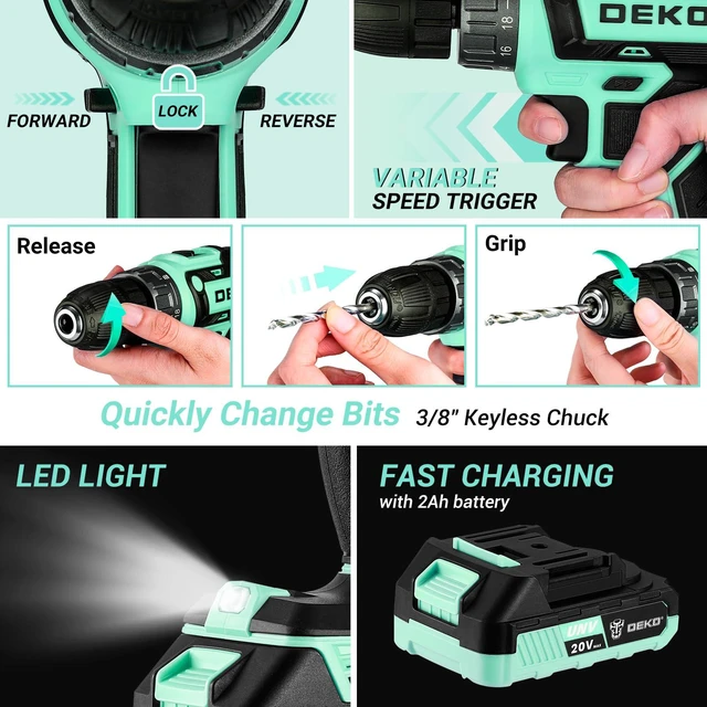 Alt view image 4 of 7 - Drill Tool Kit Set: 20V Cordless Power Drill Tool Box with Battery Electric Drill Driver for Men Home Hand Repair Basic Toolbox Tools Sets Drills Case, Turquoise