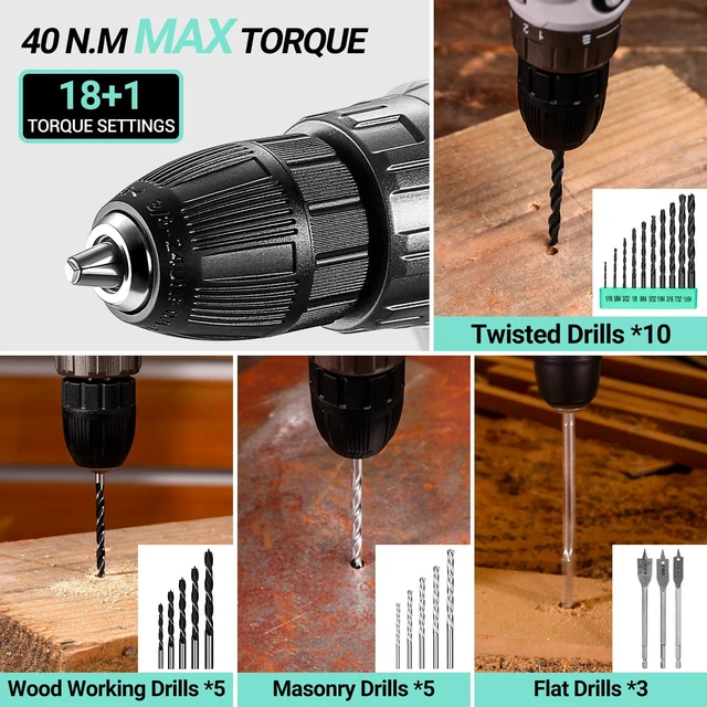 Alt view image 5 of 7 - Drill Tool Kit Set: 20V Cordless Power Drill Tool Box with Battery Electric Drill Driver for Men Home Hand Repair Basic Toolbox Tools Sets Drills Case, Turquoise