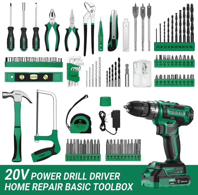 Alt view image 2 of 7 - Green Drill Tool Kit Set: 20V Cordless Power Drill Tool Box with Battery Electric Drill Driver for Men Home Hand Repair Basic Toolbox Tools Sets Drills Case