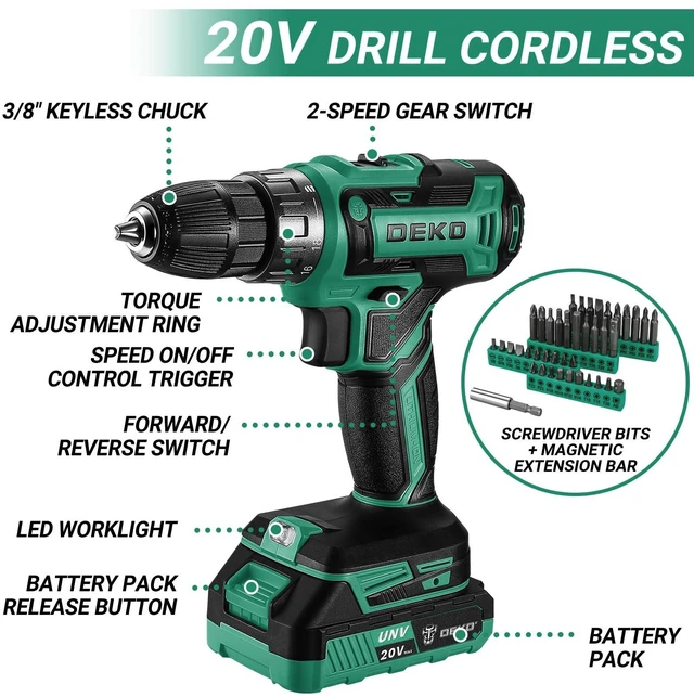 Alt view image 3 of 7 - Green Drill Tool Kit Set: 20V Cordless Power Drill Tool Box with Battery Electric Drill Driver for Men Home Hand Repair Basic Toolbox Tools Sets Drills Case
