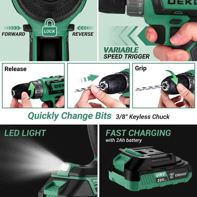 Alt view image 4 of 7 - Green Drill Tool Kit Set: 20V Cordless Power Drill Tool Box with Battery Electric Drill Driver for Men Home Hand Repair Basic Toolbox Tools Sets Drills Case