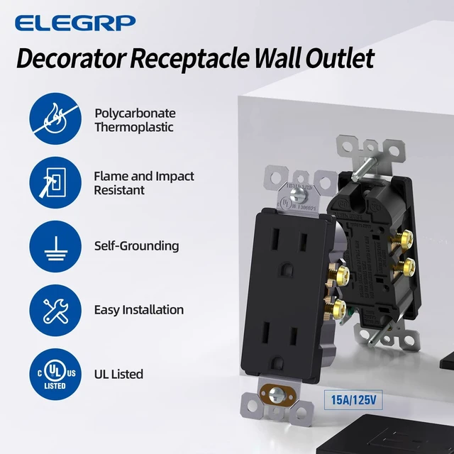 Alt view image 2 of 7 - Matte Black Decorator Receptacle, 15A 125V Standard Electrical Wall Outlet, 2 Pole 3 Wire, Non- Tamper Resistant, NEMA 5-15R, Self-Grounding Residential Grade Outlet, UL Listed, 50 Pack