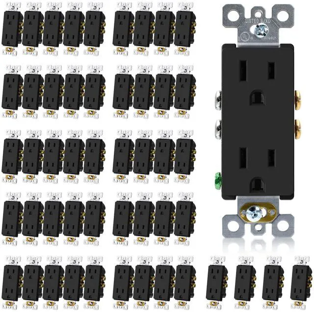 Main image of Matte Black Decorator Receptacle, 15A 125V Standard Electrical Wall Outlet, 2 Pole 3 Wire, Non- Tamper Resistant, NEMA 5-15R, Self-Grounding Residential Grade Outlet, UL Listed, 50 Pack