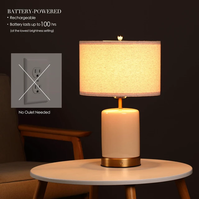 Alt view image 2 of 7 - OBright Dune - Battery Powered Table Lamp, Rechargeable Cordless Ceramic Lamp, Full-Size 19.5 Inch Height, Dimmable, Smart Safety Protection, Type-C Fast Charging, LED Bulb Included, Cream White