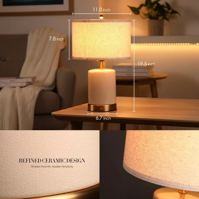 Alt view image 5 of 7 - OBright Dune - Battery Powered Table Lamp, Rechargeable Cordless Ceramic Lamp, Full-Size 19.5 Inch Height, Dimmable, Smart Safety Protection, Type-C Fast Charging, LED Bulb Included, Cream White