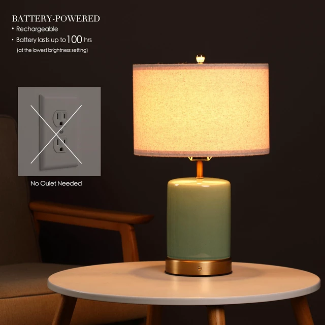 Alt view image 2 of 7 - OBright Dune - Battery Powered Table Lamp, Rechargeable Cordless Ceramic Lamp, Full-Size 19.5 Inch Height, Dimmable, Smart Safety Protection, Type-C Fast Charging, LED Bulb Included, Sage Green