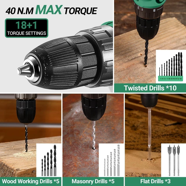 Alt view image 5 of 7 - Green Drill Tool Kit Set: 20V Cordless Power Drill Tool Box with Battery Electric Drill Driver for Men Home Hand Repair Basic Toolbox Tools Sets Drills Case
