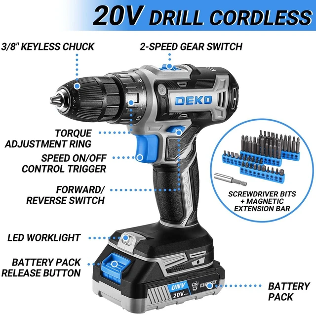 Alt view image 3 of 7 - Blue Drill Tool Kit Set: 20V Cordless Power Drill Tool Box with Battery Electric Drill Driver for Men Home Hand Repair Basic Toolbox Tools Sets Drills Case