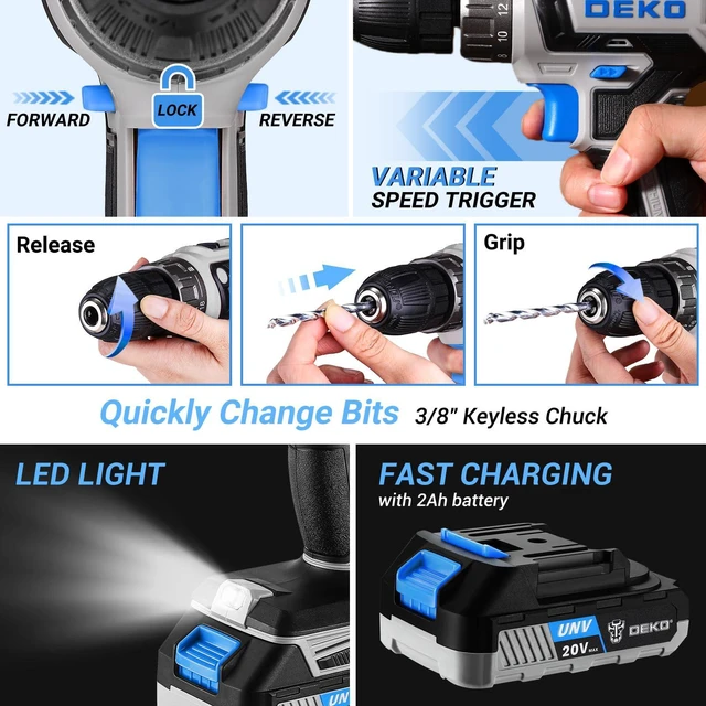Alt view image 4 of 7 - Blue Drill Tool Kit Set: 20V Cordless Power Drill Tool Box with Battery Electric Drill Driver for Men Home Hand Repair Basic Toolbox Tools Sets Drills Case