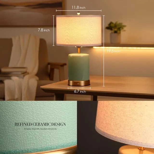 Alt view image 5 of 7 - OBright Dune - Battery Powered Table Lamp, Rechargeable Cordless Ceramic Lamp, Full-Size 19.5 Inch Height, Dimmable, Smart Safety Protection, Type-C Fast Charging, LED Bulb Included, Sage Green