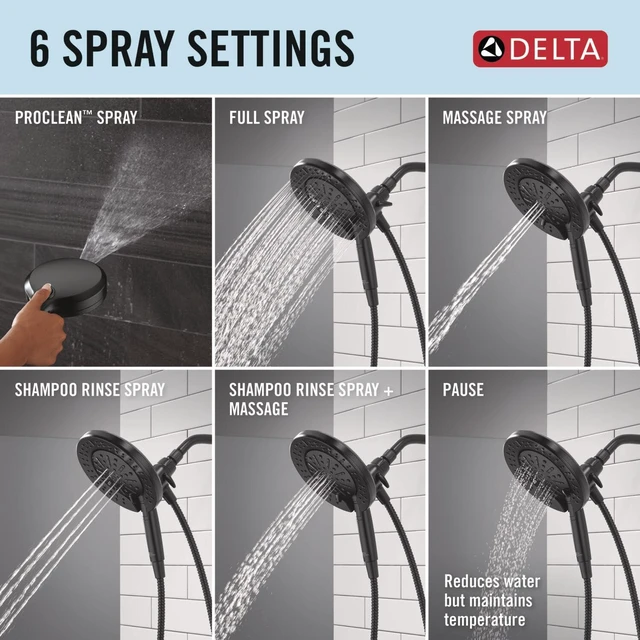 Alt view image 4 of 7 - 6-Setting In2ition 2-in-1 Dual Shower Head with Handheld High Pressure ProClean Spray, Matte Black Detachable Shower Head with Hose, 1.75 GPM Flow Rate, Matte Black 75655BL