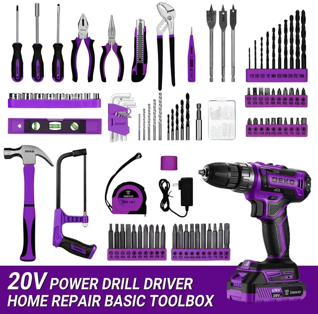 Alt view image 2 of 7 - Drill Tool Kit Set: 20V Cordless Power Drill Tool Box with Battery Electric Drill Driver for Men Home Hand Repair Basic Toolbox Tools Sets Drills Case, Purple