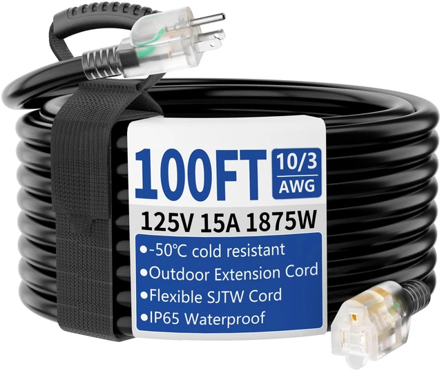 Main image of 100ft Outdoor/Indoor Extension Cord with Lighted 10 Gauge, Black 3 Prong, Heavy Duty, SJTW, Waterproof, Flexible Cold-Resistant extension cord for Home, Work or Construction, 15A 125V 1875W