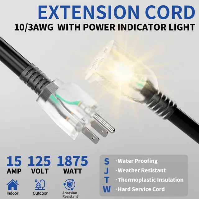 Alt view image 2 of 7 - 50ft Outdoor/Indoor Extension Cord with Lighted 10/3 Gauge, Black 3 Prong, Heavy Duty, SJTW, Waterproof, Flexible Cold-Resistant extension cord for Home, Work or Construction, 15A 125V 1875W