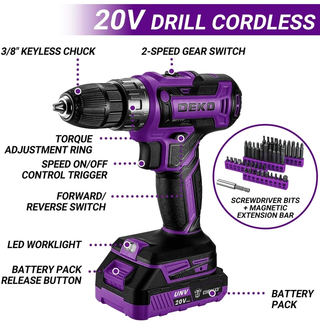 Alt view image 3 of 7 - Drill Tool Kit Set: 20V Cordless Power Drill Tool Box with Battery Electric Drill Driver for Men Home Hand Repair Basic Toolbox Tools Sets Drills Case, Purple