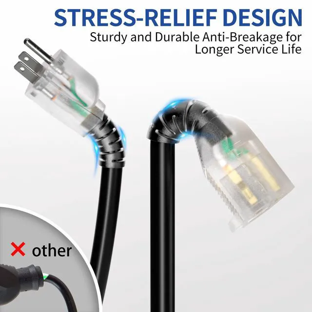 Alt view image 4 of 7 - 50ft Outdoor/Indoor Extension Cord with Lighted 10/3 Gauge, Black 3 Prong, Heavy Duty, SJTW, Waterproof, Flexible Cold-Resistant extension cord for Home, Work or Construction, 15A 125V 1875W