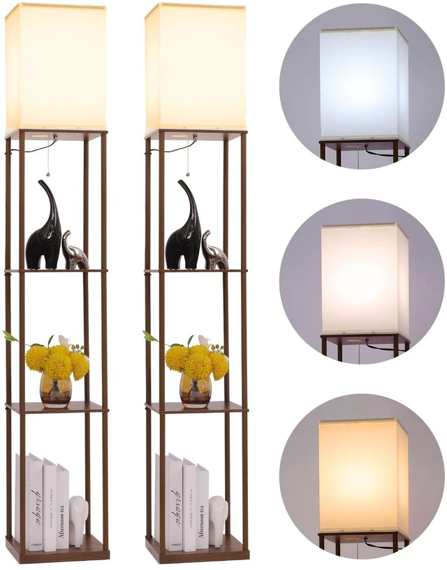 Main image of Floor Lamp with Shelves, Modern Square Standing Lamp with 3 Color Temperature Bulb, Corner Display Bookshelf Lamp for Living Room, Bedroom and Office(Brown-2 Pack)