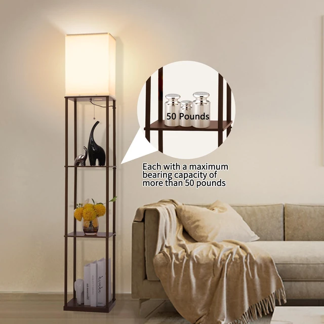 Alt view image 2 of 3 - Floor Lamp with Shelves, Modern Square Standing Lamp with 3 Color Temperature Bulb, Corner Display Bookshelf Lamp for Living Room, Bedroom and Office (Brown-9)