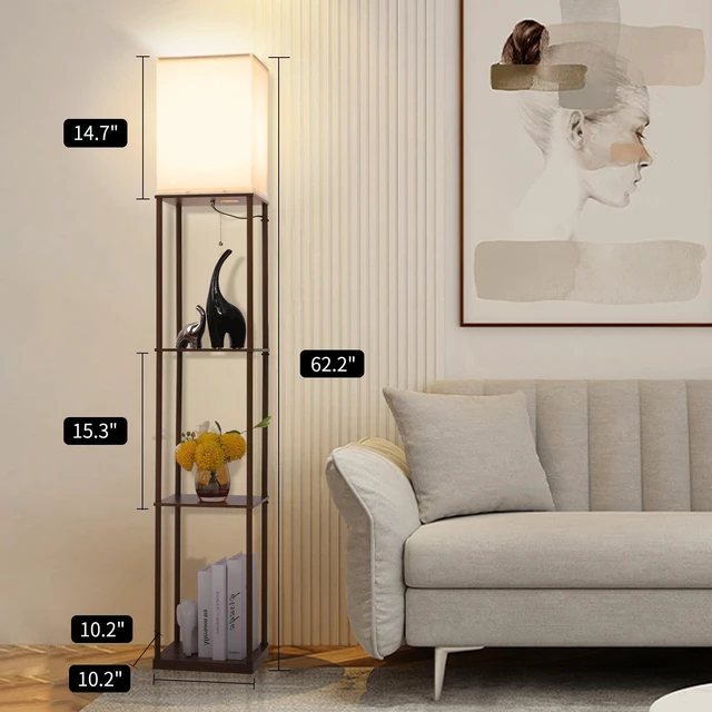 Alt view image 4 of 6 - Floor Lamp with Shelves, Modern Square Standing Lamp with 3 Color Temperature Bulb, Corner Display Bookshelf Lamp for Living Room, Bedroom and Office(Brown-2 Pack)