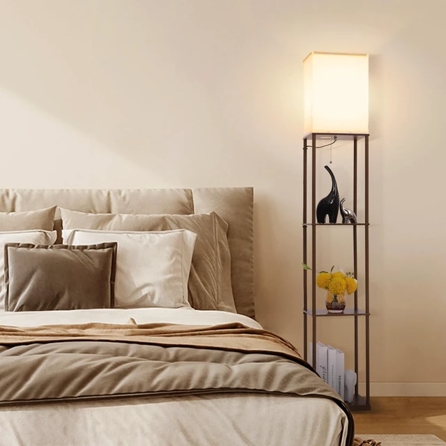 Alt view image 3 of 3 - Floor Lamp with Shelves, Modern Square Standing Lamp with 3 Color Temperature Bulb, Corner Display Bookshelf Lamp for Living Room, Bedroom and Office (Brown-9)