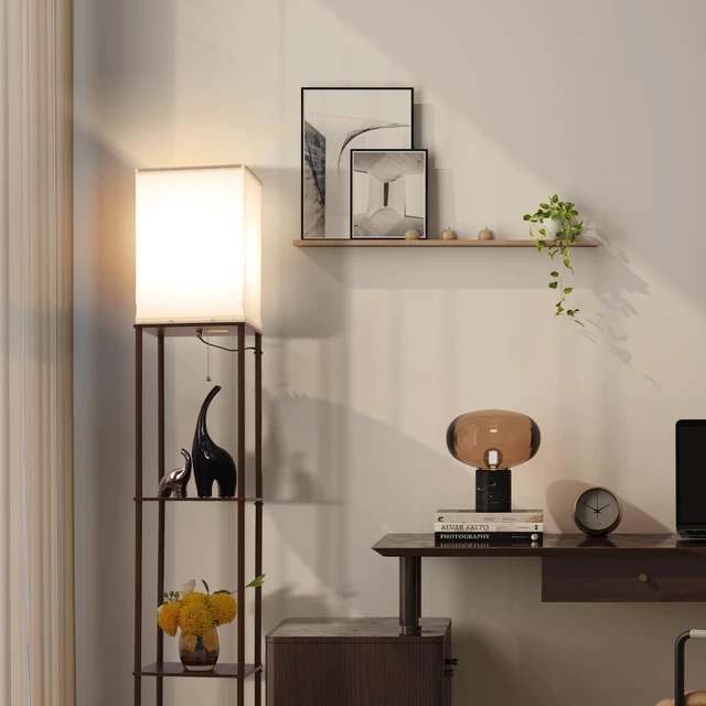 Alt view image 6 of 6 - Floor Lamp with Shelves, Modern Square Standing Lamp with 3 Color Temperature Bulb, Corner Display Bookshelf Lamp for Living Room, Bedroom and Office(Brown-2 Pack)