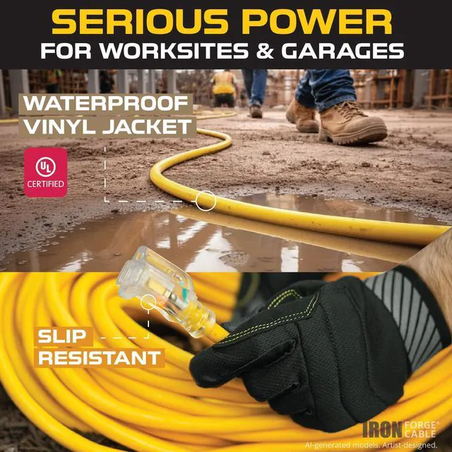 Alt view image 2 of 7 - 2 Pack of 25 Foot Outdoor Extension Cords - 12/3 SJTW Heavy Duty Lighted Yellow Extension Cable with 3 Prong Grounded Plug for Safety, 15 AMP - Great for Garden and Major Appliances