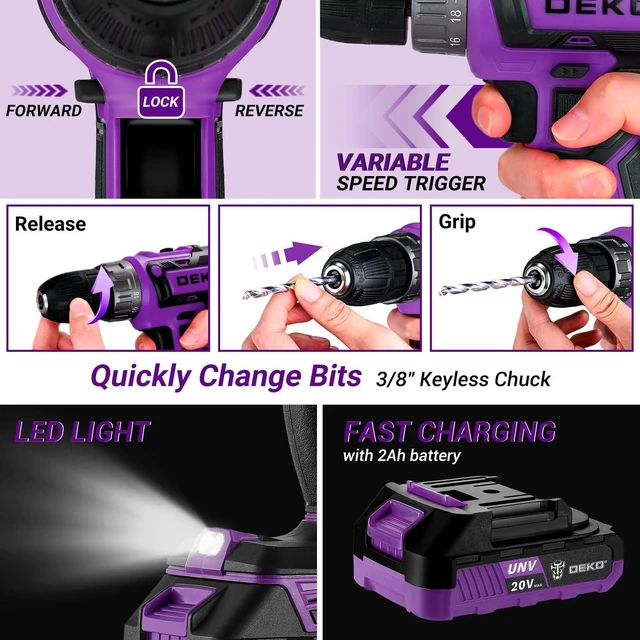 Alt view image 4 of 7 - Drill Tool Kit Set: 20V Cordless Power Drill Tool Box with Battery Electric Drill Driver for Men Home Hand Repair Basic Toolbox Tools Sets Drills Case, Purple