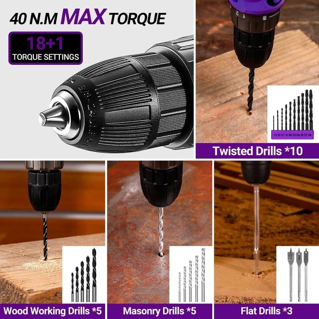 Alt view image 5 of 7 - Drill Tool Kit Set: 20V Cordless Power Drill Tool Box with Battery Electric Drill Driver for Men Home Hand Repair Basic Toolbox Tools Sets Drills Case, Purple
