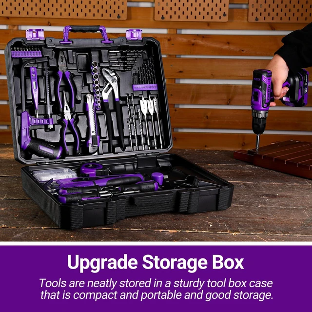 Alt view image 6 of 7 - Drill Tool Kit Set: 20V Cordless Power Drill Tool Box with Battery Electric Drill Driver for Men Home Hand Repair Basic Toolbox Tools Sets Drills Case, Purple