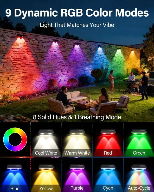 Alt view image 2 of 7 - Solar Fence Lights Outdoor, 12 Pack Fence Lights Solar Powered 60LM Solar Fence Lights, 9 RGB Color Modes, IP65 Waterproof, 12H Dusk to Dawn Glow for Pool/Deck/Patio/Wall/Backyard - Black