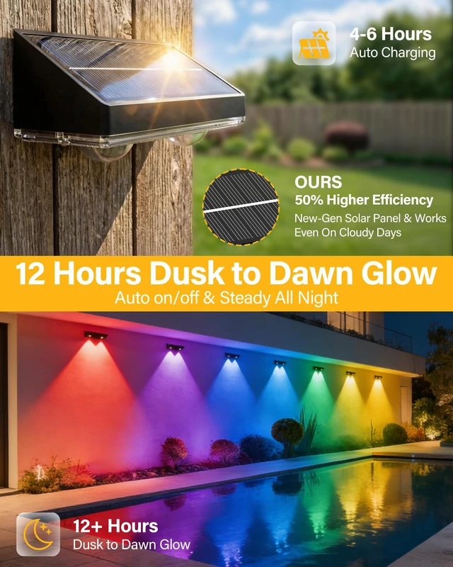 Alt view image 3 of 7 - Solar Fence Lights Outdoor, 12 Pack Fence Lights Solar Powered 60LM Solar Fence Lights, 9 RGB Color Modes, IP65 Waterproof, 12H Dusk to Dawn Glow for Pool/Deck/Patio/Wall/Backyard - Black