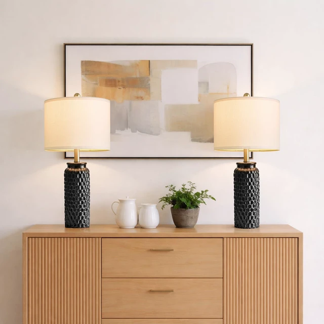 Main image of 24" Modern Ceramic Black Bedside Lamp Set of 2 Table Lamp for Bedroom Decor Farmhouse Table Lamp for Living Room Office Dorm