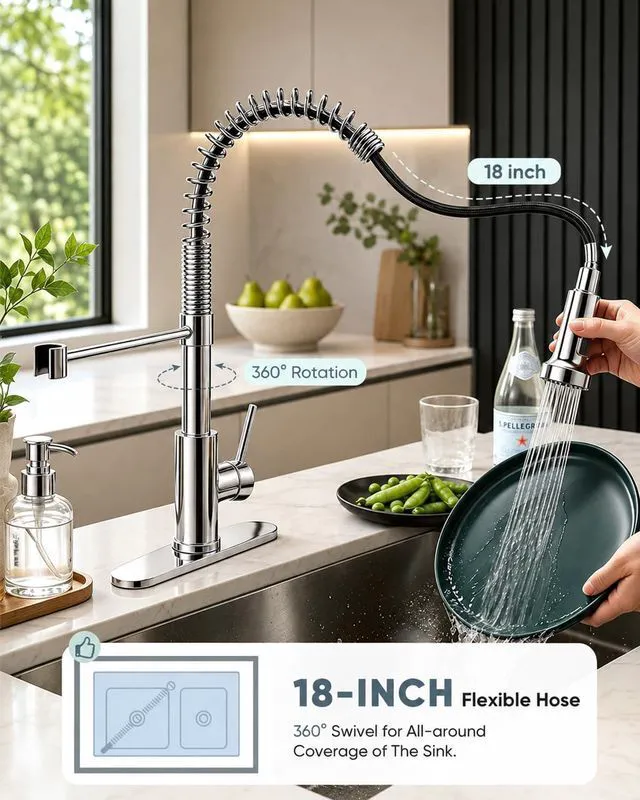 Alt view image 2 of 7 - Kitchen Faucet with Pull Down Sprayer, Stainless Steel, Chrome 1 Handle Spring Sink Faucets, Lead-Free Stainless Steel, 1 or 3-Hole with Deck Plate,Farmhouse, RV, Bar, Laundry Room