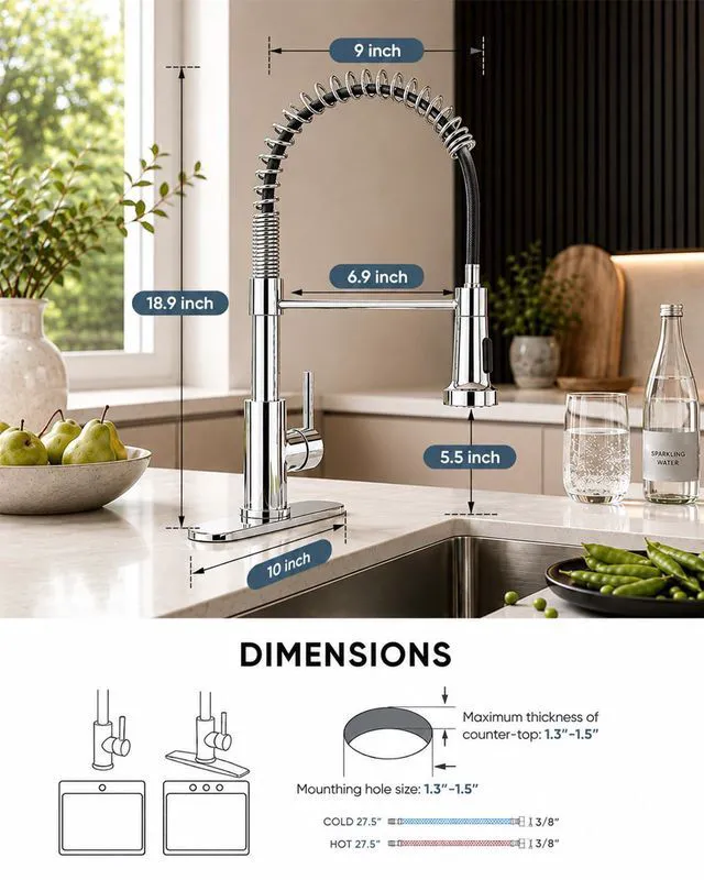 Alt view image 4 of 7 - Kitchen Faucet with Pull Down Sprayer, Stainless Steel, Chrome 1 Handle Spring Sink Faucets, Lead-Free Stainless Steel, 1 or 3-Hole with Deck Plate,Farmhouse, RV, Bar, Laundry Room