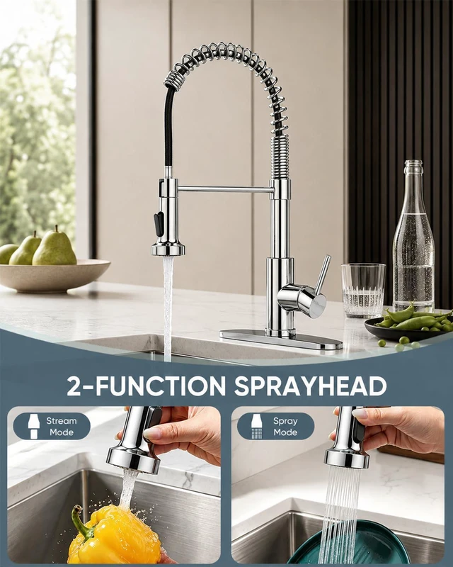 Alt view image 3 of 7 - Kitchen Faucet with Pull Down Sprayer, Stainless Steel, Chrome 1 Handle Spring Sink Faucets, Lead-Free Stainless Steel, 1 or 3-Hole with Deck Plate,Farmhouse, RV, Bar, Laundry Room