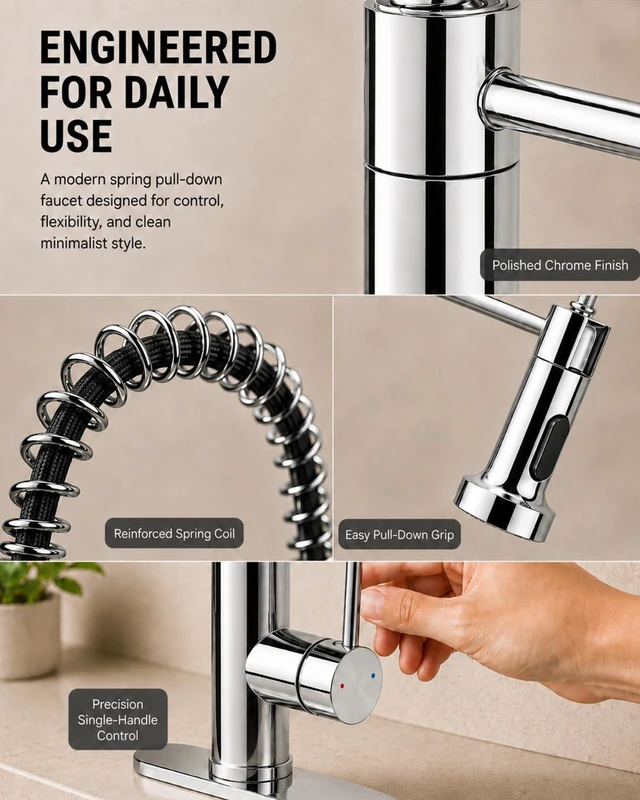Alt view image 5 of 7 - Kitchen Faucet with Pull Down Sprayer, Stainless Steel, Chrome 1 Handle Spring Sink Faucets, Lead-Free Stainless Steel, 1 or 3-Hole with Deck Plate,Farmhouse, RV, Bar, Laundry Room