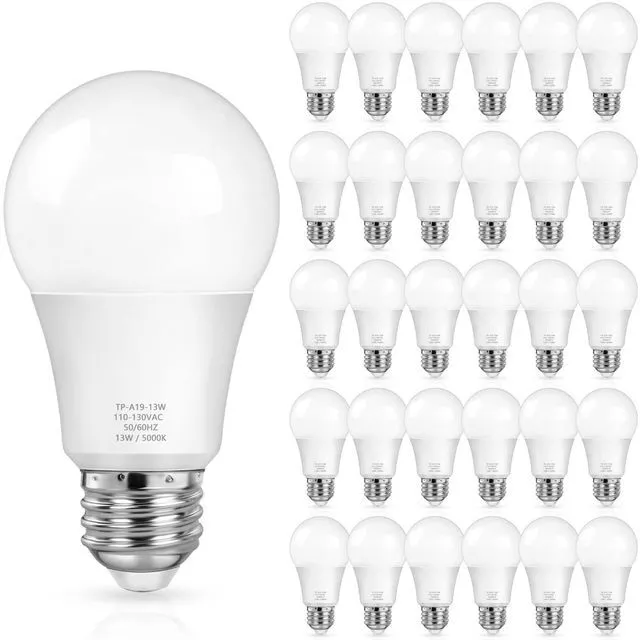 Main image of A19 LED Light Bulbs, 100 Watt Equivalent, Daylight White 5000K, 1500LM, E26 Base, Non-Dimmable, 13W Bright White Bulb, 30-Pack