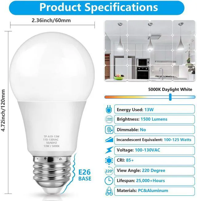 Alt view image 2 of 7 - A19 LED Light Bulbs, 100 Watt Equivalent, Daylight White 5000K, 1500LM, E26 Base, Non-Dimmable, 13W Bright White Bulb, 30-Pack