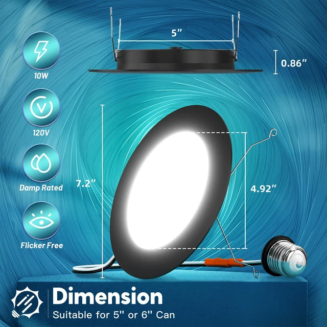 Alt view image 5 of 6 - 24 Pack Retrofit LED Recessed Lighting 6 Inch, 5CCT, Black 2700K/3000K/4000K/5000K/6000K Selectable, Dimmable Flat Can Lights, 1000LM Brightness, 10W, IC & Damp Rated, ETL & FCC