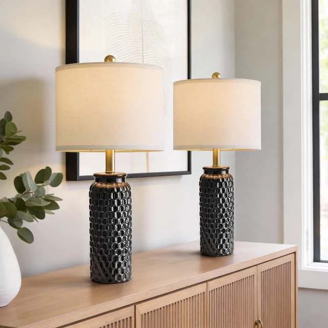 Alt view image 5 of 7 - 24" Modern Ceramic Black Bedside Lamp Set of 2 Table Lamp for Bedroom Decor Farmhouse Table Lamp for Living Room Office Dorm