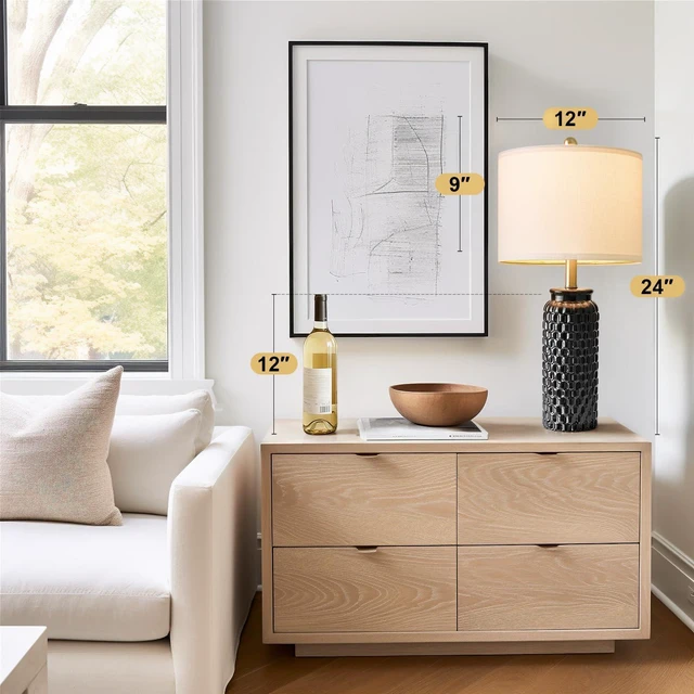 Alt view image 6 of 7 - 24" Modern Ceramic Black Bedside Lamp Set of 2 Table Lamp for Bedroom Decor Farmhouse Table Lamp for Living Room Office Dorm