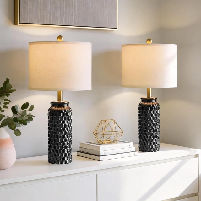 Alt view image 7 of 7 - 24" Modern Ceramic Black Bedside Lamp Set of 2 Table Lamp for Bedroom Decor Farmhouse Table Lamp for Living Room Office Dorm