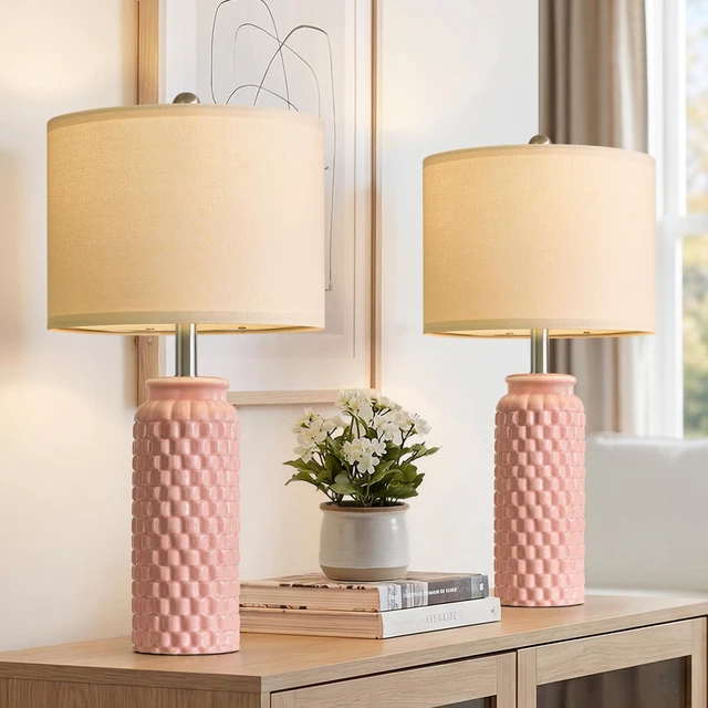 Main image of 24" Modern Ceramic Pink Bedside Lamp Set of 2 Table Lamp for Bedroom Decor Farmhouse Table Lamp for Living Room Office Dorm