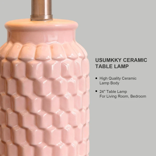 Alt view image 2 of 7 - 24" Modern Ceramic Pink Bedside Lamp Set of 2 Table Lamp for Bedroom Decor Farmhouse Table Lamp for Living Room Office Dorm