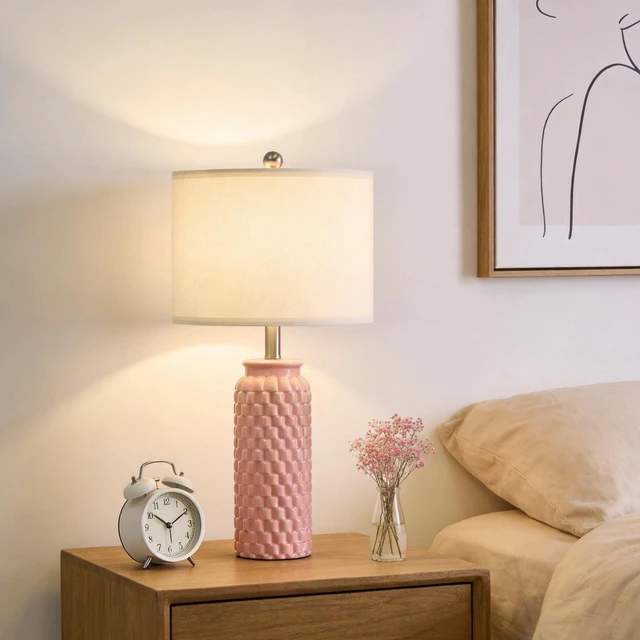 Alt view image 5 of 7 - 24" Modern Ceramic Pink Bedside Lamp Set of 2 Table Lamp for Bedroom Decor Farmhouse Table Lamp for Living Room Office Dorm