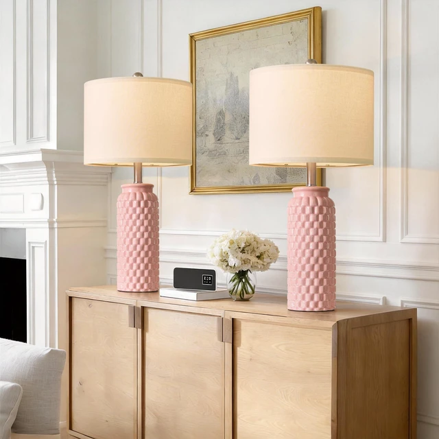 Alt view image 6 of 7 - 24" Modern Ceramic Pink Bedside Lamp Set of 2 Table Lamp for Bedroom Decor Farmhouse Table Lamp for Living Room Office Dorm