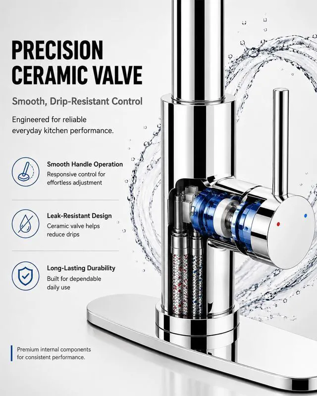 Alt view image 7 of 7 - Kitchen Faucet with Pull Down Sprayer, Stainless Steel, Chrome 1 Handle Spring Sink Faucets, Lead-Free Stainless Steel, 1 or 3-Hole with Deck Plate,Farmhouse, RV, Bar, Laundry Room